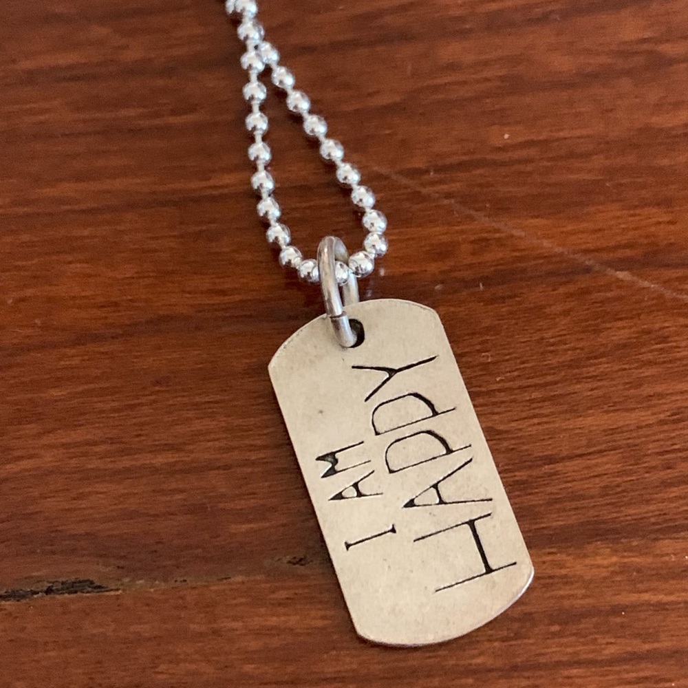 Dogeared “I am Happy” dog tag necklace